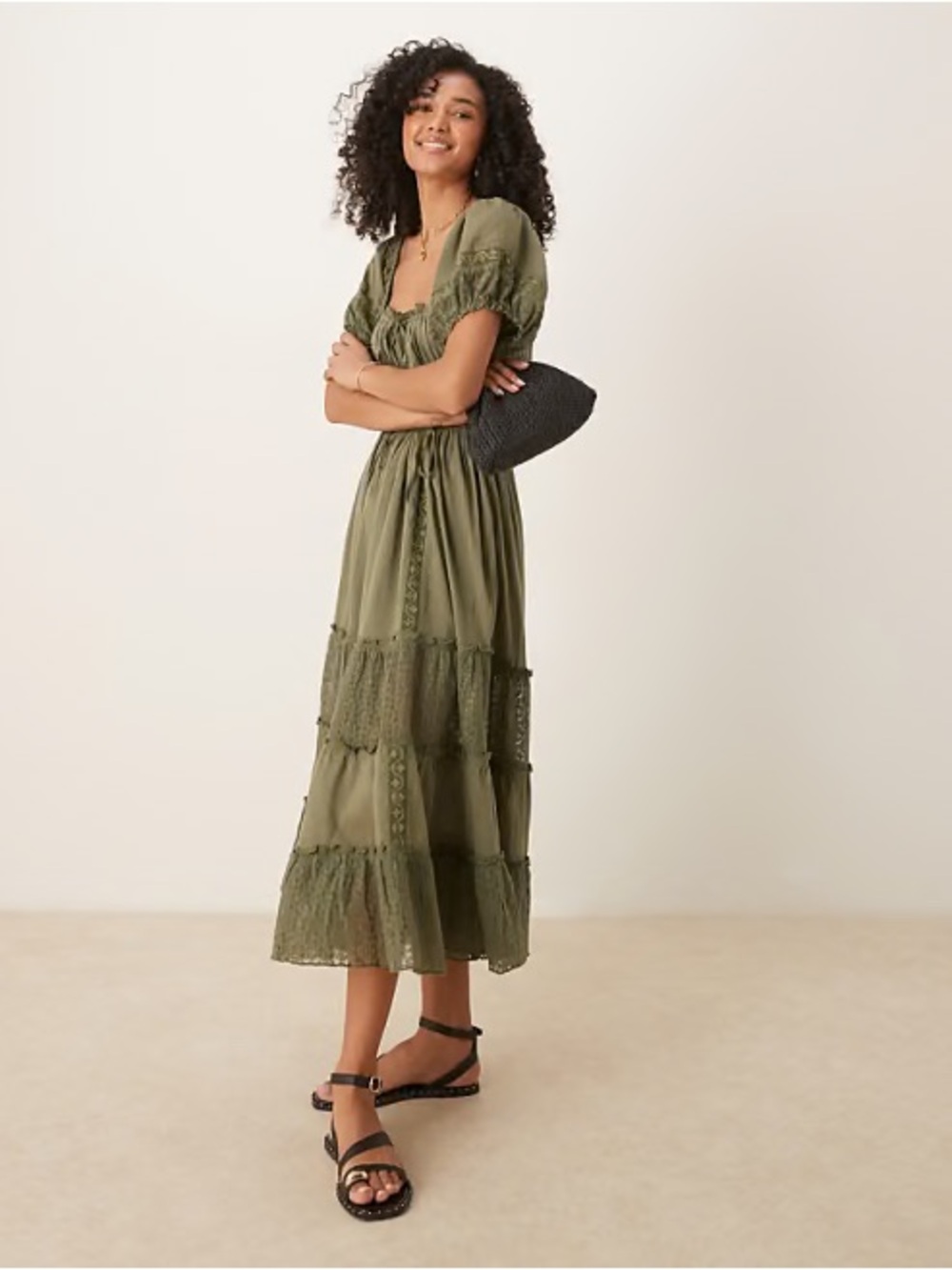 Free People falling sun lace insert midi dress in green crystal kelp